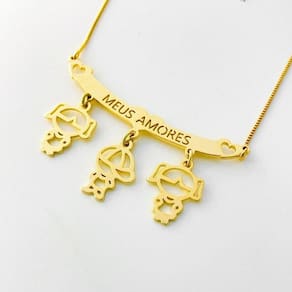 Colar Filhos Meus Amores Banhados A Ouro 18k - Duas Meninas E Um Menino