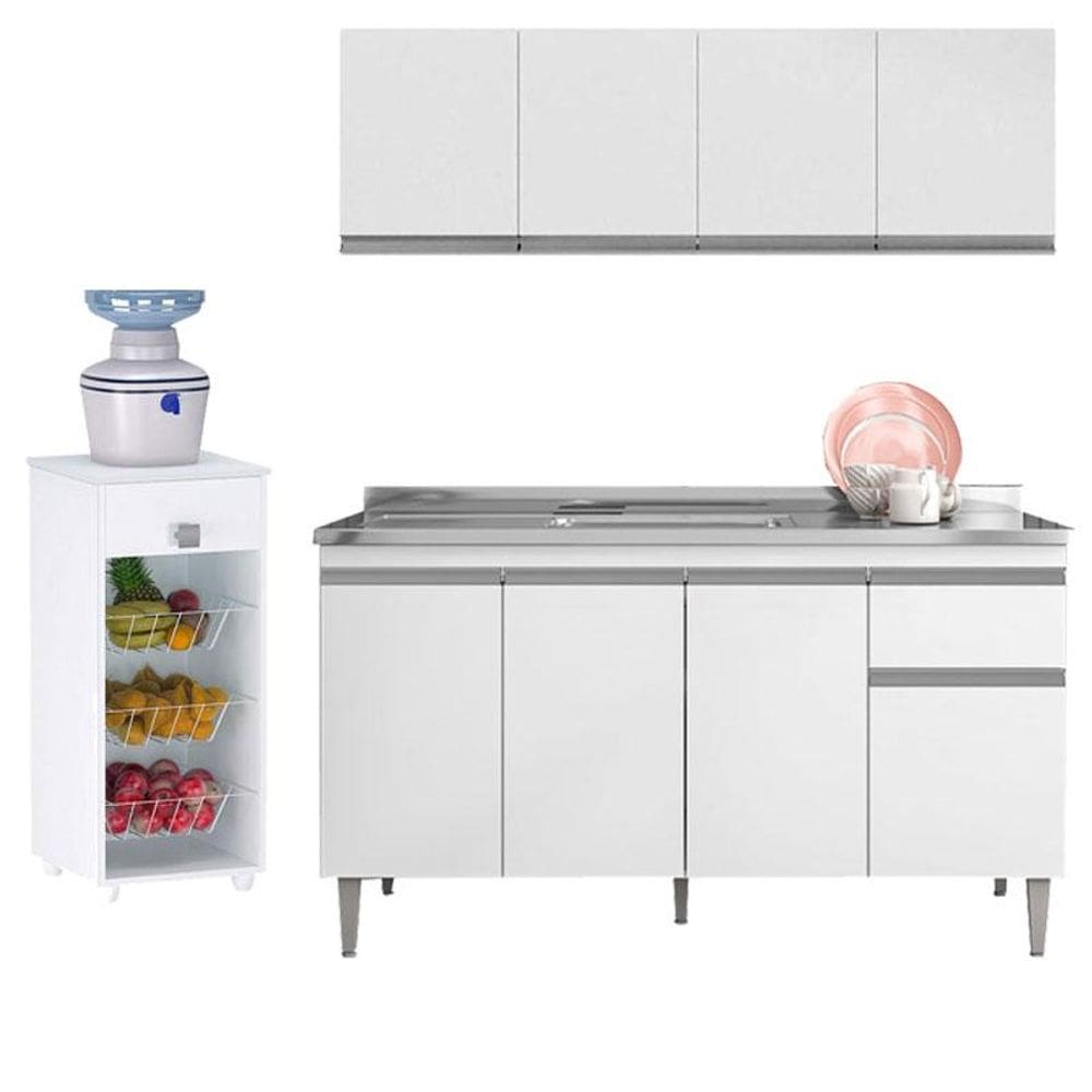 Balcão de Pia Tatiane 145 cm e Armário Aéreo Andréia 4 Portas 150 cm com Fruteira Monalise Branco Brilho - AJL