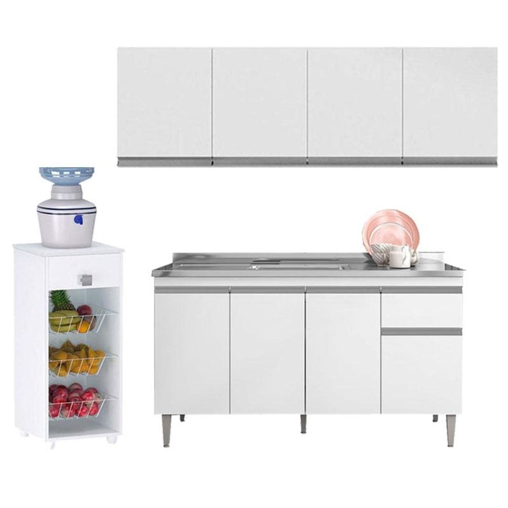 Balcão de Pia Tatiane 145 cm e Armário Aéreo Andréia 4 Portas 160 cm com Fruteira Monalise Branco Brilho - AJL
