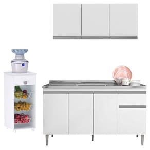 Balcão de Pia Tatiane 145 cm e Armário Aéreo Andréia 3 Portas 120 cm com Fruteira Monalise Branco Brilho - AJL