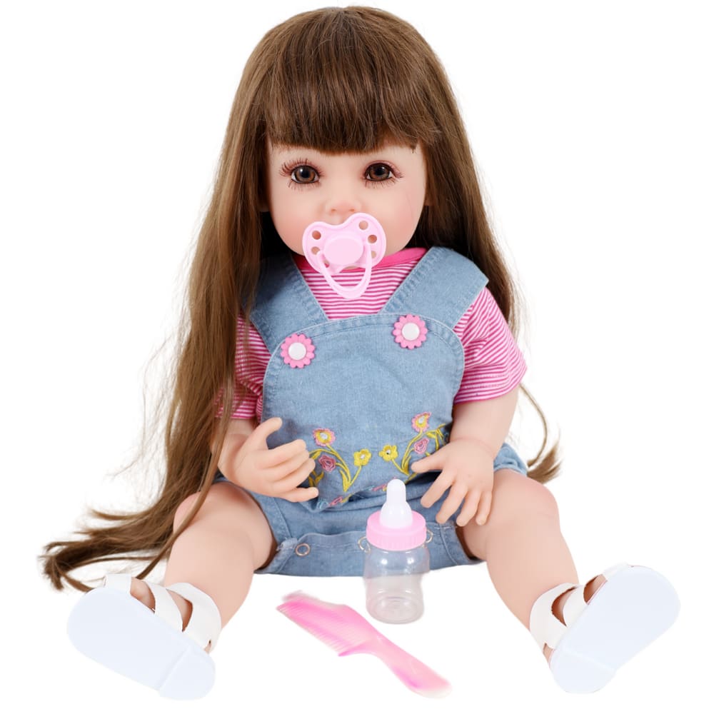 Bebê Sweetie Reborn Jardineira Jeans Flores Premium 55cm