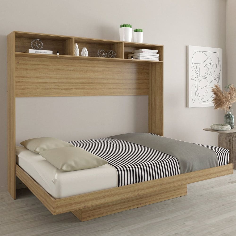 Cama Articulada Casal Horizontal com Nichos e Prateleiras Cm8043 Amendoa