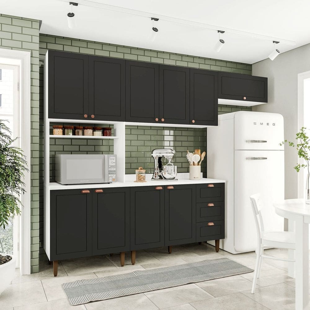 Cozinha Pérola com Tampo 4 Peças Paneleiro/torre Quente Aéreo 3 Portas Balcão 120 e Basculante Yesca Branco/Preto