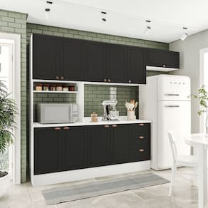Cozinha Pérola Comtampo Rodapé 4 Peças Paneleiro/torre Quente Aéreo 3 Portas Balcão 120 e Basculante Branco/Preto