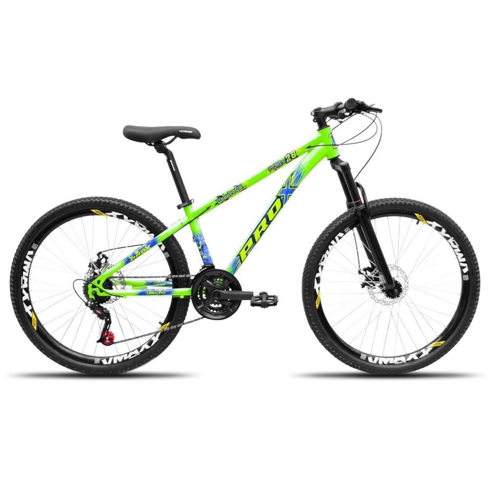 Bicicleta aro 26 Freeride PRO X Mandrake Hiten 21 Velocidades Freio a Disco Aros Vmaxx Verde Adesivo Azul e Amarelo