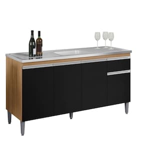 Balcão Armário de Cozinha Tatiane 150cm Amêndoa/Preto S/Tampo - AJL Móveis