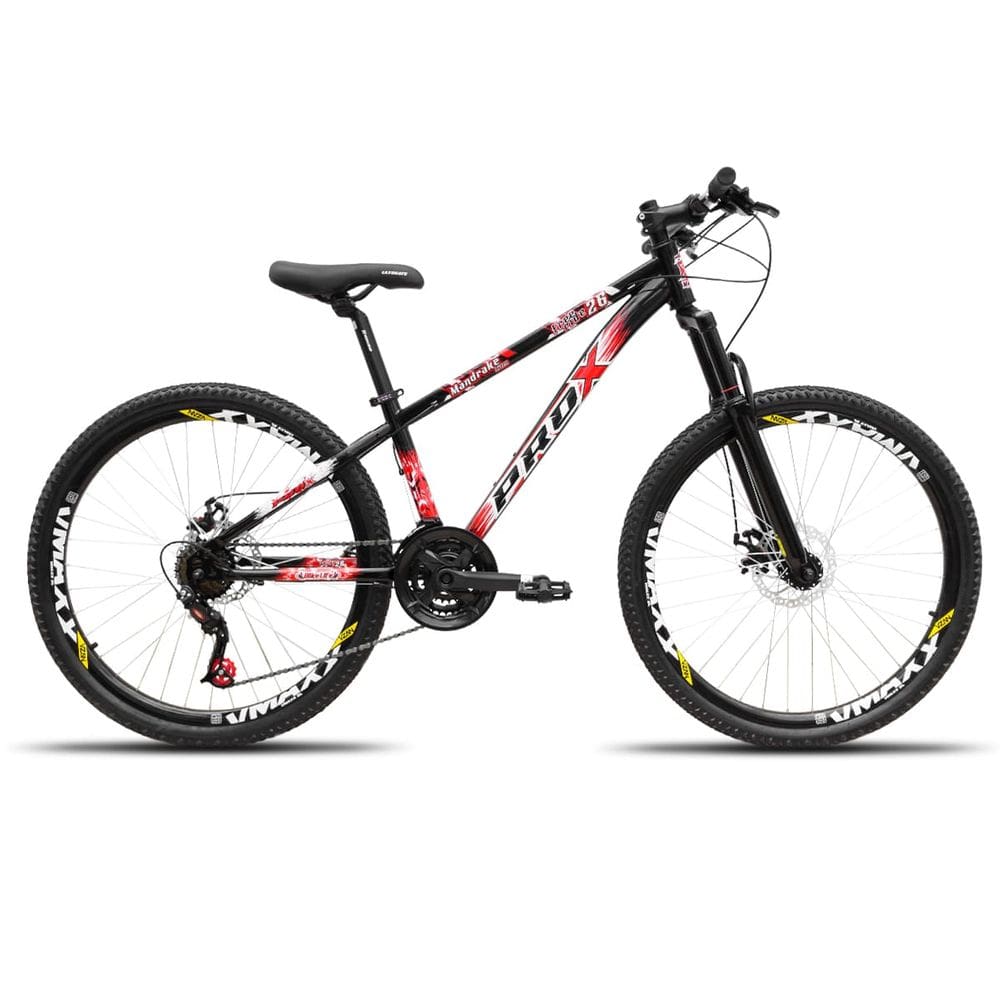 Bicicleta aro 26 Freeride PRO X Mandrake Hiten 21 Velocidades Freio a Disco Aros Vmaxx Preto Adesivo Branco e Vermelho