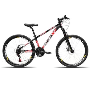 Bicicleta aro 26 Freeride PRO X Mandrake Hiten 21 Velocidades Freio a Disco Aros Vmaxx Preto Adesivo Branco e Vermelho