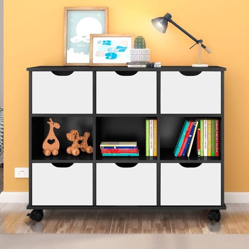 Nicho Organizador 6 Gavetas 3 Nichos com Rodízios Linus Cor Preto com Branco - Qmovi