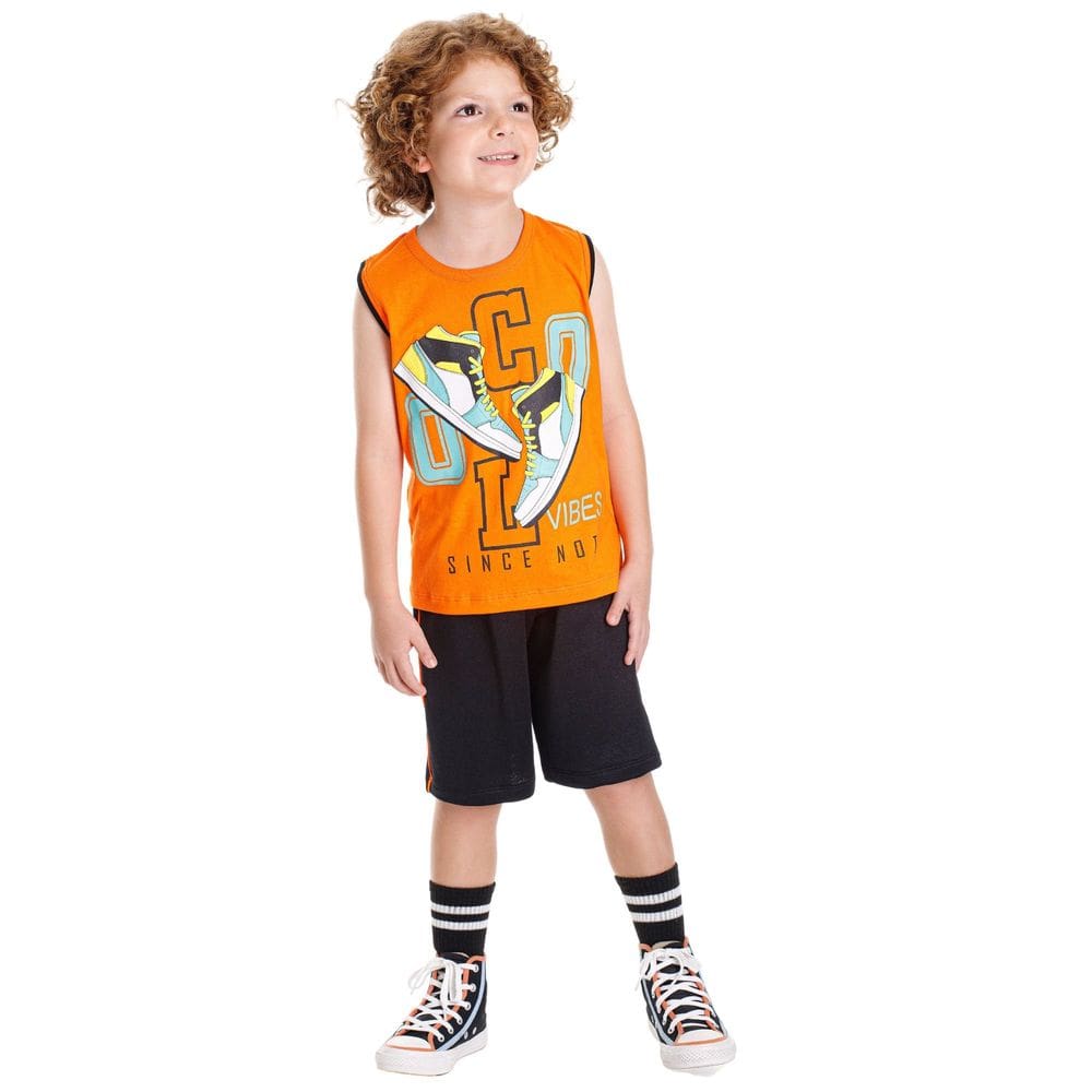 Conjunto Infantil Menino Regata Estampa Tênis Bermuda Preta