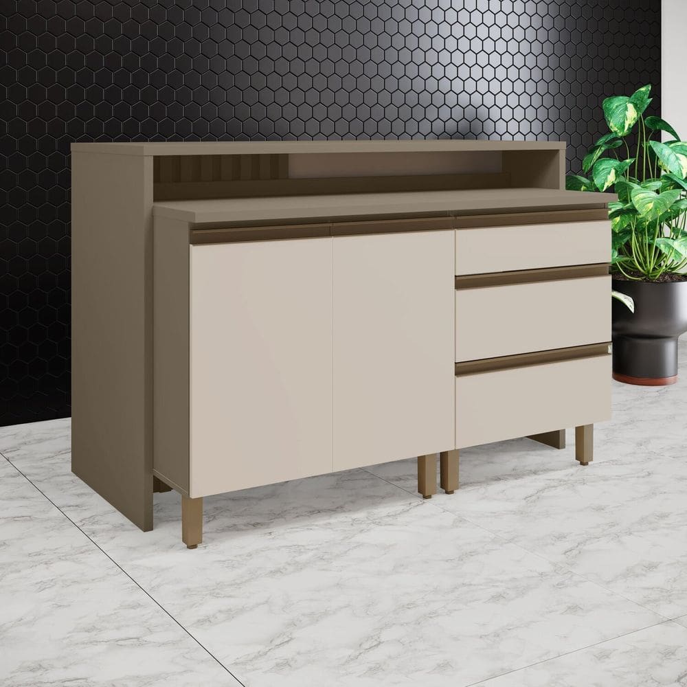 Kit Ilha Gourmet 2 Portas 3 Gavetas com Tampo Connect Duna/Cristal