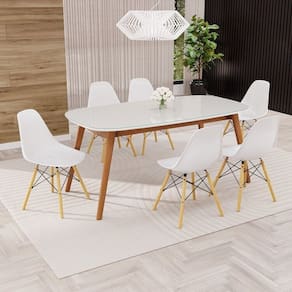 Conjunto Sala de Jantar Mesa Ceci com Vidro com 6 Cadeiras Eames Espresso Móveis Natural/Branco