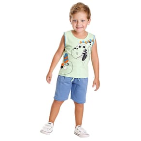 Conjunto Infantil Menino: Regata Dinossauro e Bermuda Azul