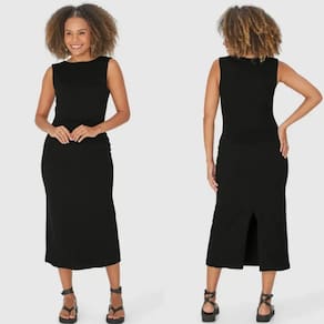Vestido midi trabalhado acinturado com fenda atrás Malwee