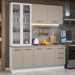 Armário de Cozinha Completa 190cm com Cristaleira Branco/Crema Agata Madesa 01