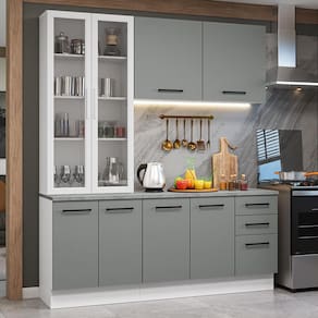 Armário de Cozinha Completa 190cm com Cristaleira Branco/Cinza Agata Madesa 01
