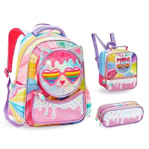 Kit Mochila Lancheira e Estojo Infantil Gatinha Holográfica