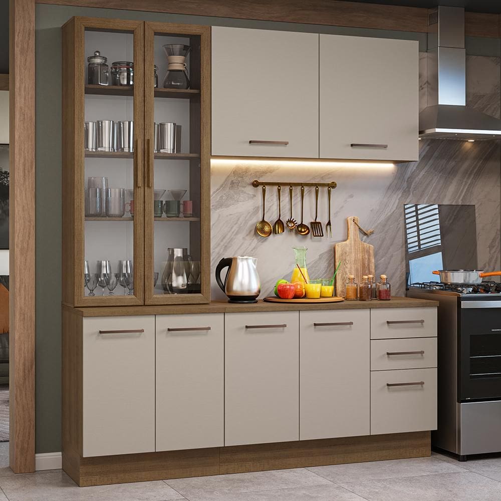 Armário de Cozinha Completa 190cm com Cristaleira Rustic/Crema Agata Madesa 01