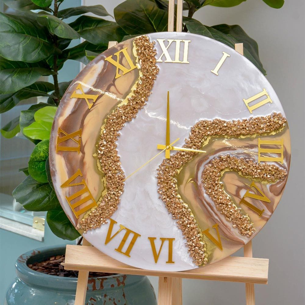 Relógio De Parede Grande 60cm Luxo - Fundo Branco Perolado Com Dourado E Marrom