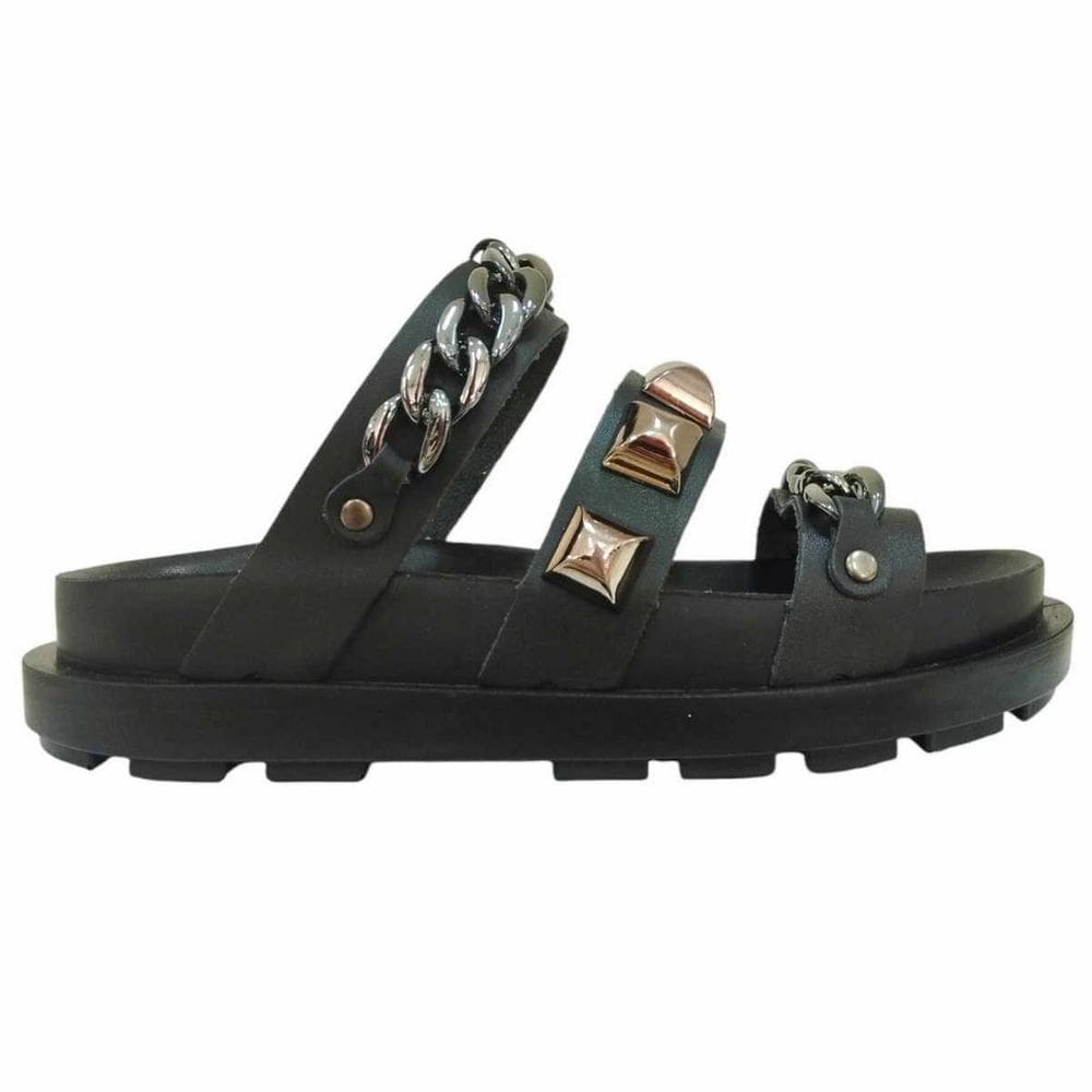 Chinelo Feminino Papete Pele Natural Tachas Corrente 435