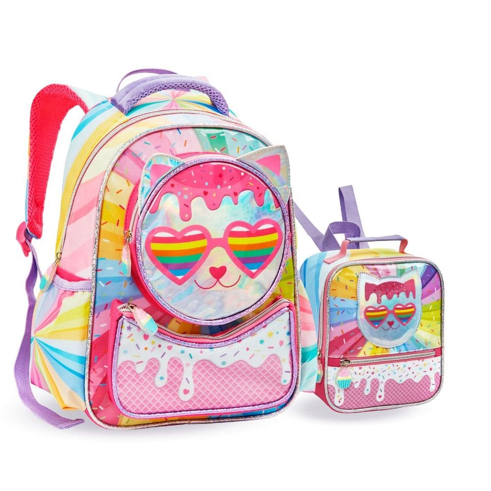 Kit Mochila e Lancheira Infantil Escolar Gatinha Holográfica