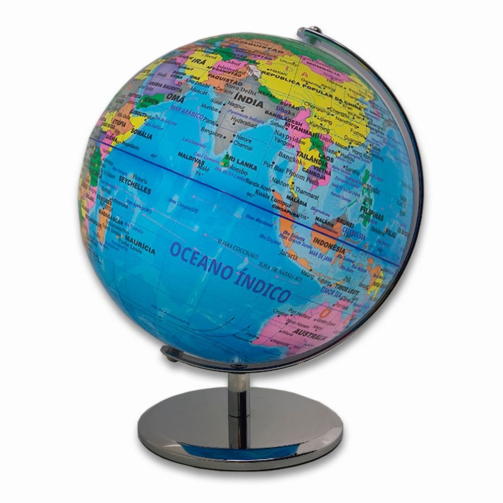 Globo Terrestre Decorativo PVC Legendas em Português Escala 1:64000000 20CM Aro de Metal Base Cromo