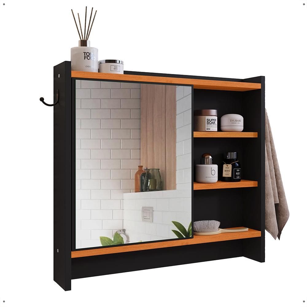 Espelheira Genova Armário Suspenso Gancho Prateleira Organizadora Armarinho Banheiro Preto/Cinamomo - Lojas RPM