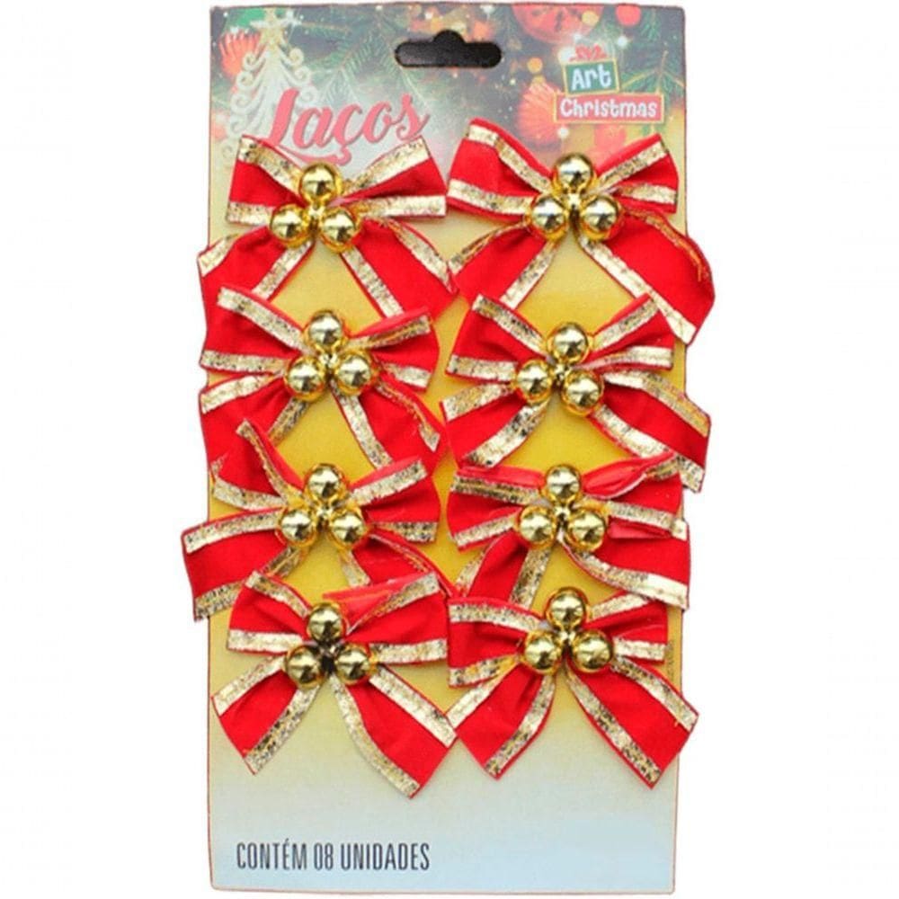 Kit 80 Laços Com Bolinhas Natalina Enfeite Dourado Brilhante
