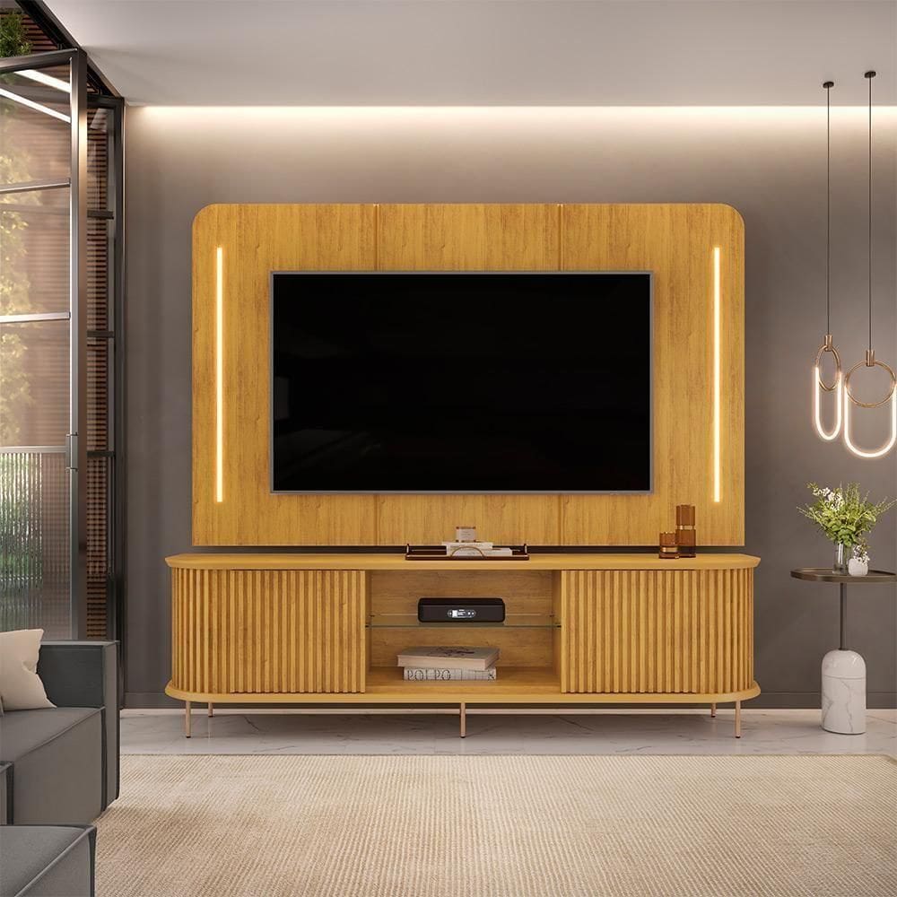 Painel Com Bancada Sala De Estar 218cm Saitama Para Tv Até 75 Com Portas Ripadas E Led Cedro G18 - Gran Belo