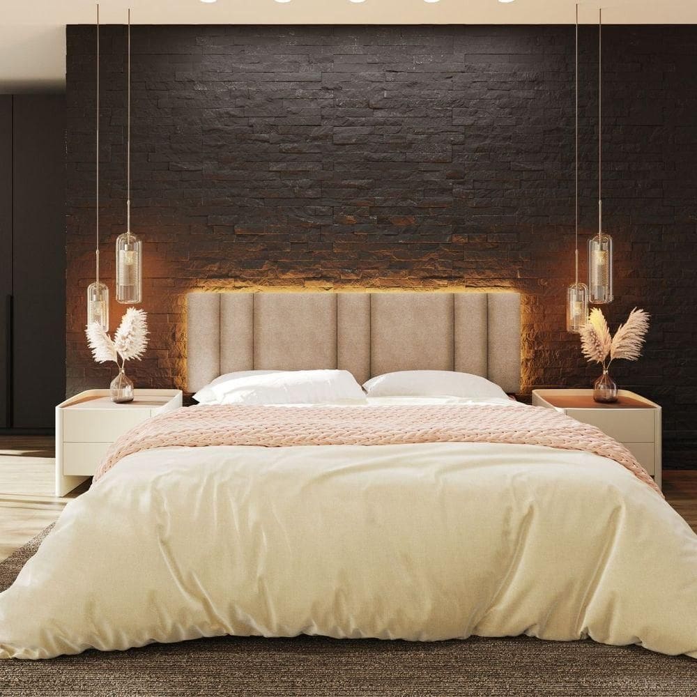 Cabeceira Estofada Iluminação Led Stella Cama King Size 200 Cm Buclé Bege