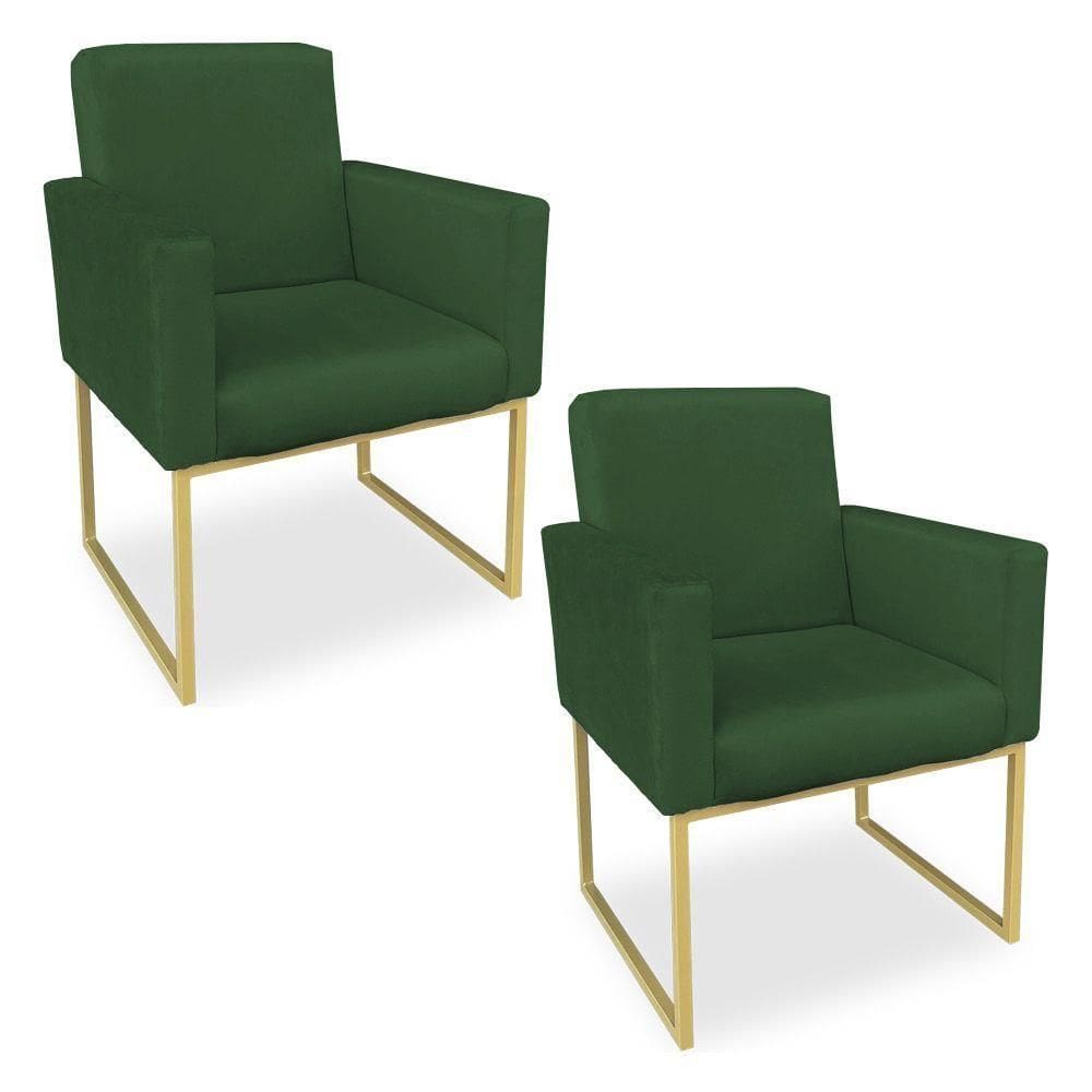 Kit 02 Poltronas Clarice Veludo Base Metálica Industrial Dourado - Pallazio Verde