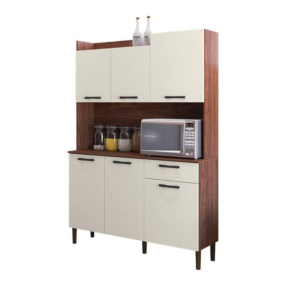 Armário De Cozinha Compacta 6 Portas E 1 Gaveta 121cm Florença Nogueira-off White - Pallazio