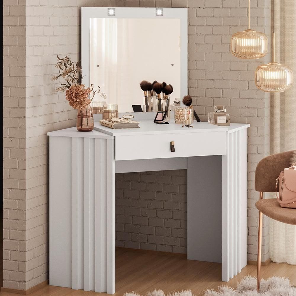 Penteadeira Camarim De Canto Glitter Com 1 Gaveta Com Led Branco Branco