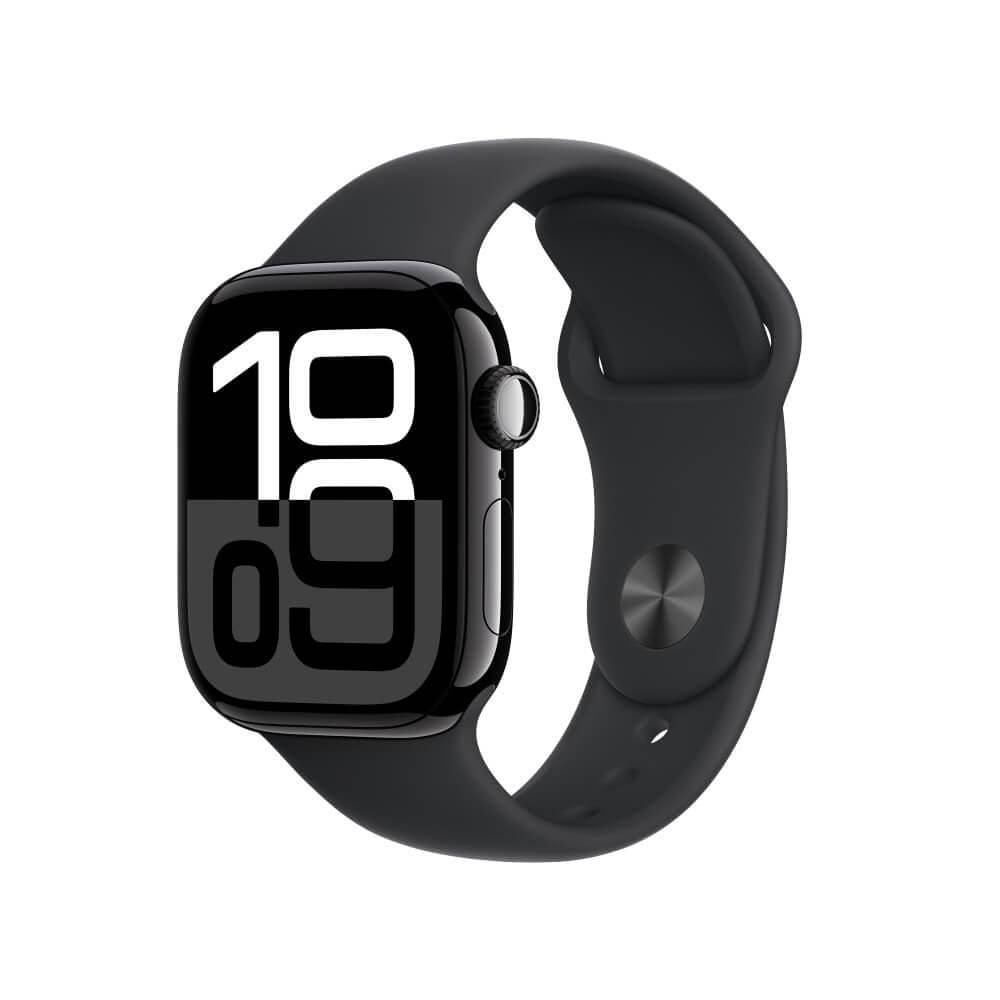 Apple Watch Series 10 GPS + Cellular • Caixa preta brilhante de alumínio – 42 mm • Pulseira esportiva preta – P/M
