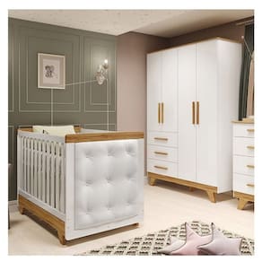 Quarto de Bebê Berço com Capitonê e Guarda-roupa 100% Mdf Retrô Kakau Espresso Móveis Branco Brilho/Amêndoa/Branco