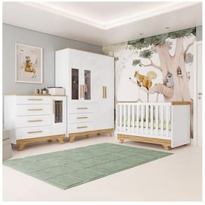 Quarto de Bebê com Berço Guarda-roupa e Cômoda com Janelas 100% Mdf Retrô Kakau Espresso Móveis Branco Brilho/Amêndoa