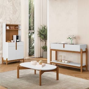 Conjunto Cantinho do Café e Aparador 2 Gavetas com Mesinha Oblonga Branco / Cedro