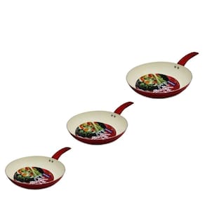 Kit 3 Frigideiras 24cm + 26cm + 28cm com Revestimento em Cerâmica Vermelho (Ideal Para Fritar Alimentos Sem Óleo)