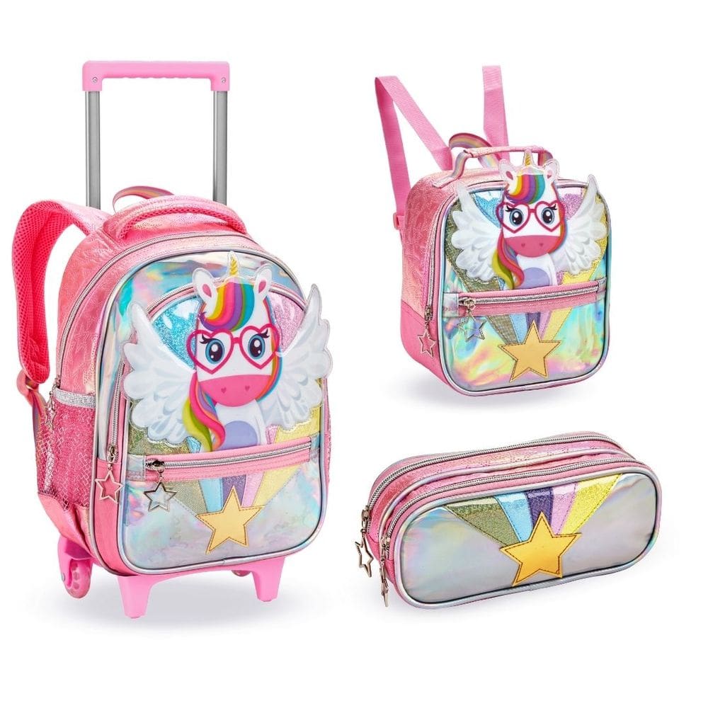 Kit Mochila, Lancheira e Estojo Escolar Unicórnio