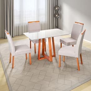 Conjunto Mesa Itália com 4 Cadeiras de Madeira Maciça e Estofada Bella Authentic Espresso Móveis Champagnhe/Off White/Areia