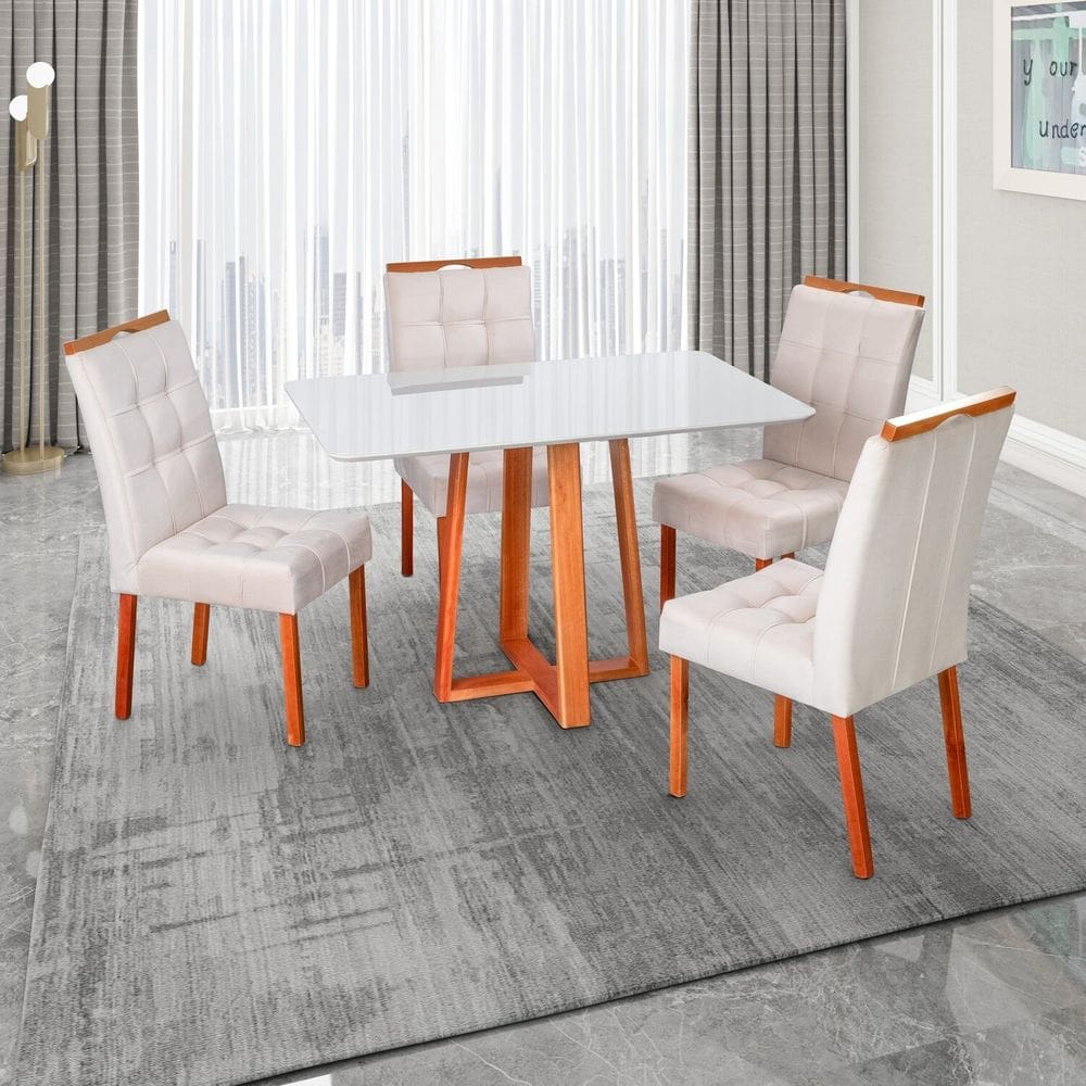 Conjunto Mesa Itália com 4 Cadeiras de Madeira Maciça e Estofada Sophia Authentic Espresso Móveis Champagnhe/Off White/Marfim