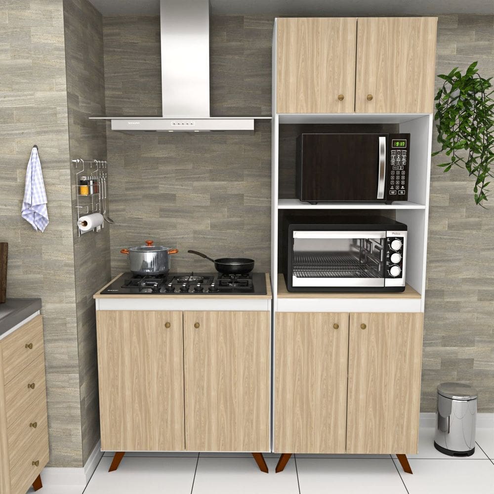 Conjunto Cozinha Modular Balcão Cooktop Torre Quente Marrom / Branco