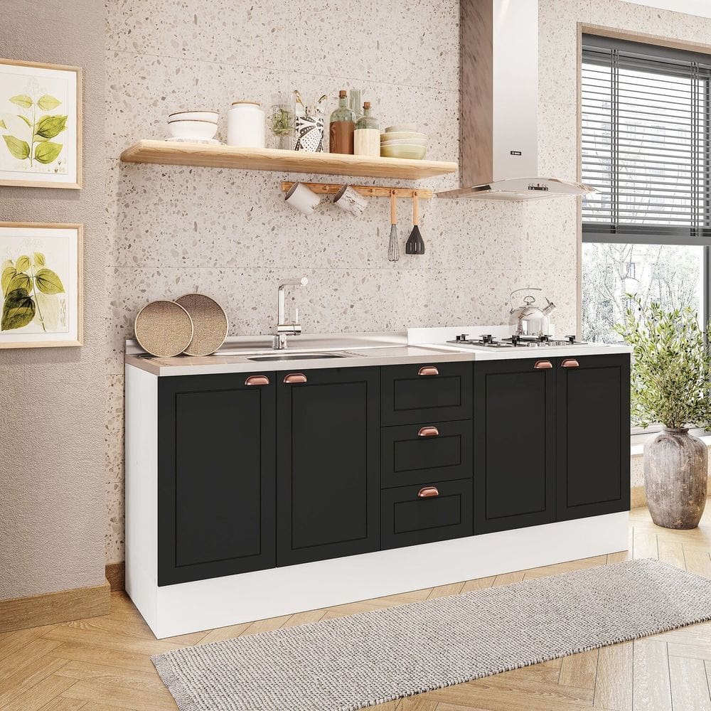Cozinha Pérola com Rodapé 2 Peças Balcão 2 Gavetas 3 Portas e Balcão 2 Portas Yescasa Branco/Preto