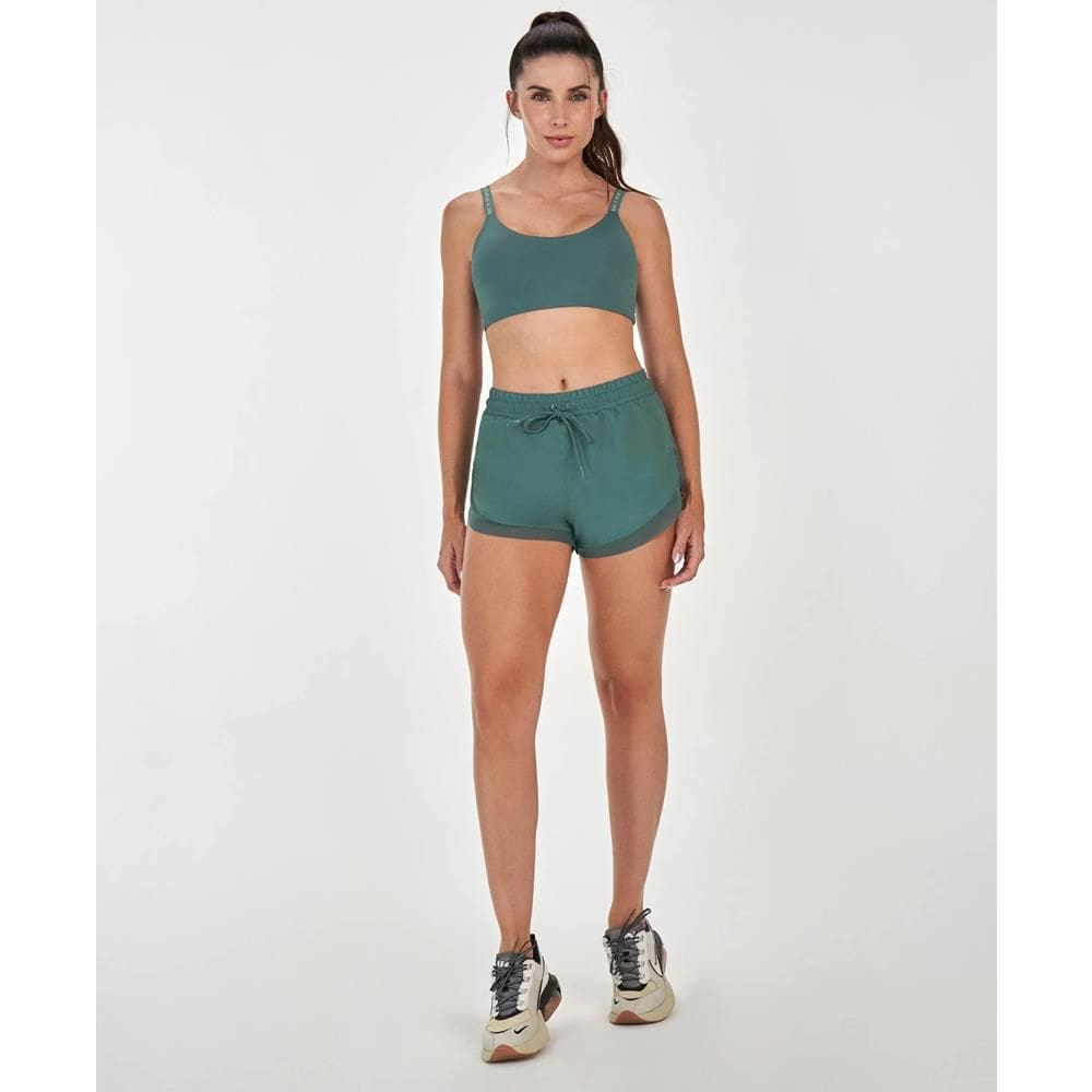 Short Alto Giro Feminino Recortes Tule Regulagem Cós Fitness