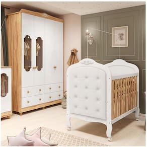 Quarto de Bebê com Guarda-roupa com Janelas e Berço com Capitonê Maya Provençal Espresso Móveis Branco Brilho/Amêndoa/Branco