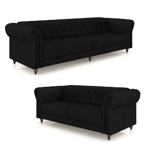 Conjunto De Sofá Stanford Chesterfield 2 E 3 Lugares 180cm-260cm Pés Madeira Couro Preto G58 Gran Belo