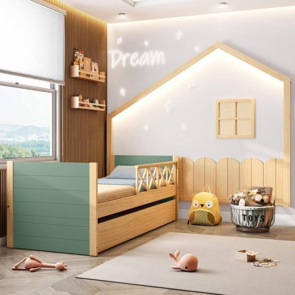 Bicama Solteiro Garden com Grade X de Proteção e Moldura Decorativa com Led - Dream Decor Casatema Verde/Natural
