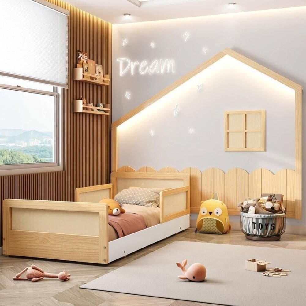 Cama Solteiro Montessoriana Reversivel Lift, e Moldura Decorativa com Led Dream Decor Casatema Branco/Natural