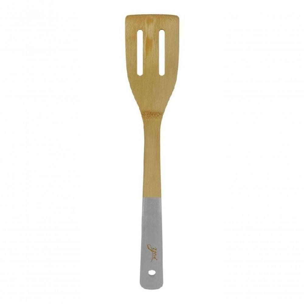 Espátula Utensilio De Cozinha De Bambu Vazada 30cm Cabo Cinza