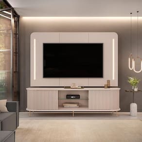 Painel Com Bancada Sala De Estar 218cm Saitama Para Tv Até 75 Com Portas Ripadas E Led Off White G18 - Gran Belo
